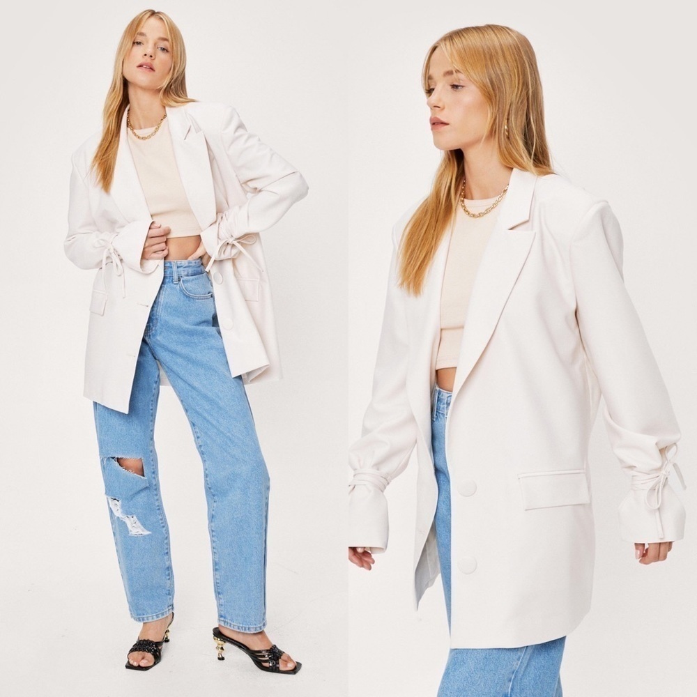 NWT‎ Nasty Gal Tie Sleeve Oversized Blazer in Cream Size 2